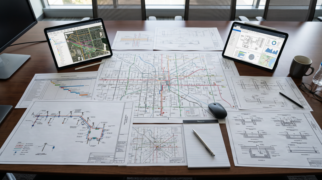 firefly gemini flash ultra realistic top down view of telecommunications project planning documents spread 569172